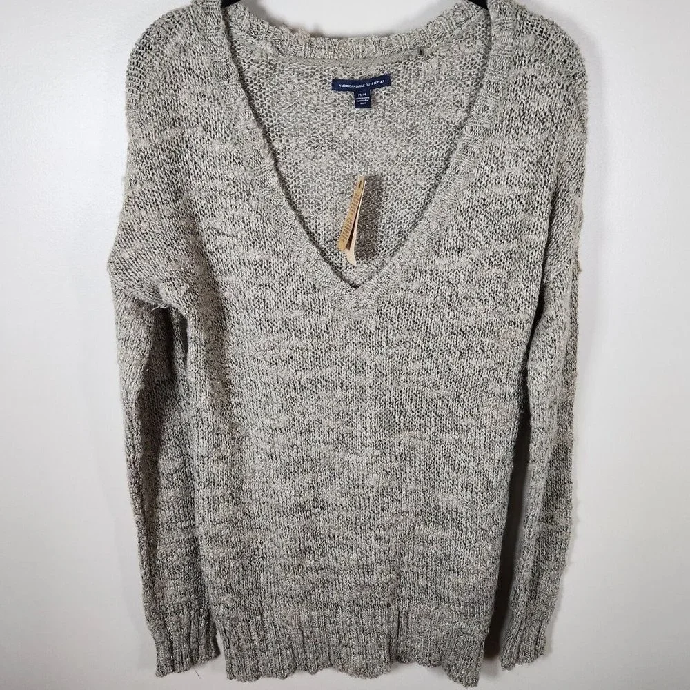 American Eagle Tunic Sweater Womens Beige Deep V Neck Knit Cottagecore Y2K New - Picture 9 of 15